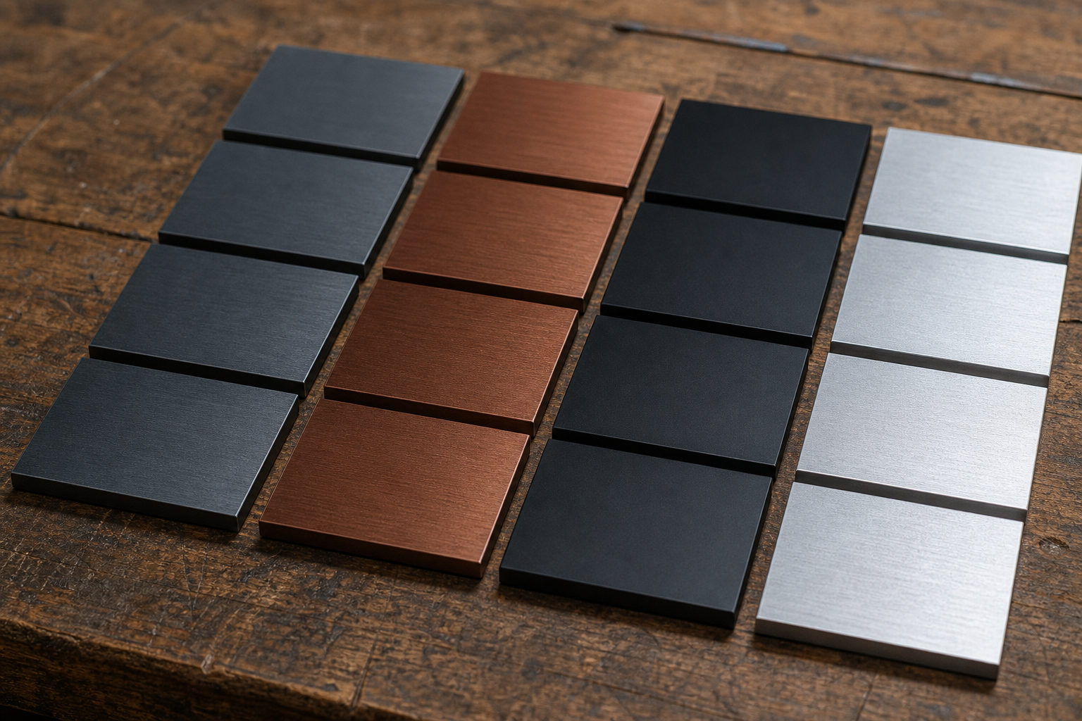 Anodized aluminum color swatches arranged on a workshop table
