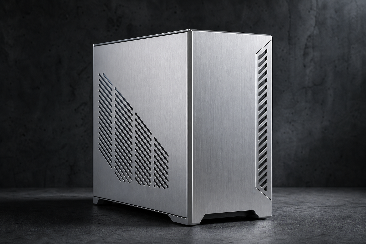 Brushed aluminum custom PC case, CNC-machined, studio lit